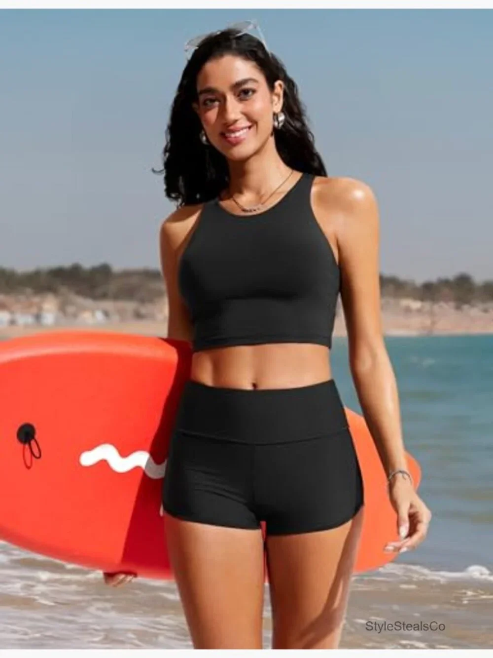 High Waisted Dolphin Board Shorts 2.5" with Liner Quick Dry Swim Bottoms - Picture 3 of 5